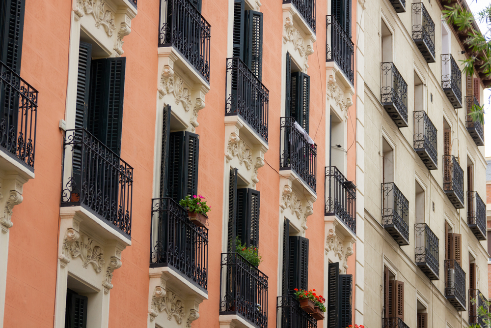 Small,Balconies,Residential,Building,Facade,In,Madrid.,Real,Estate,Business,